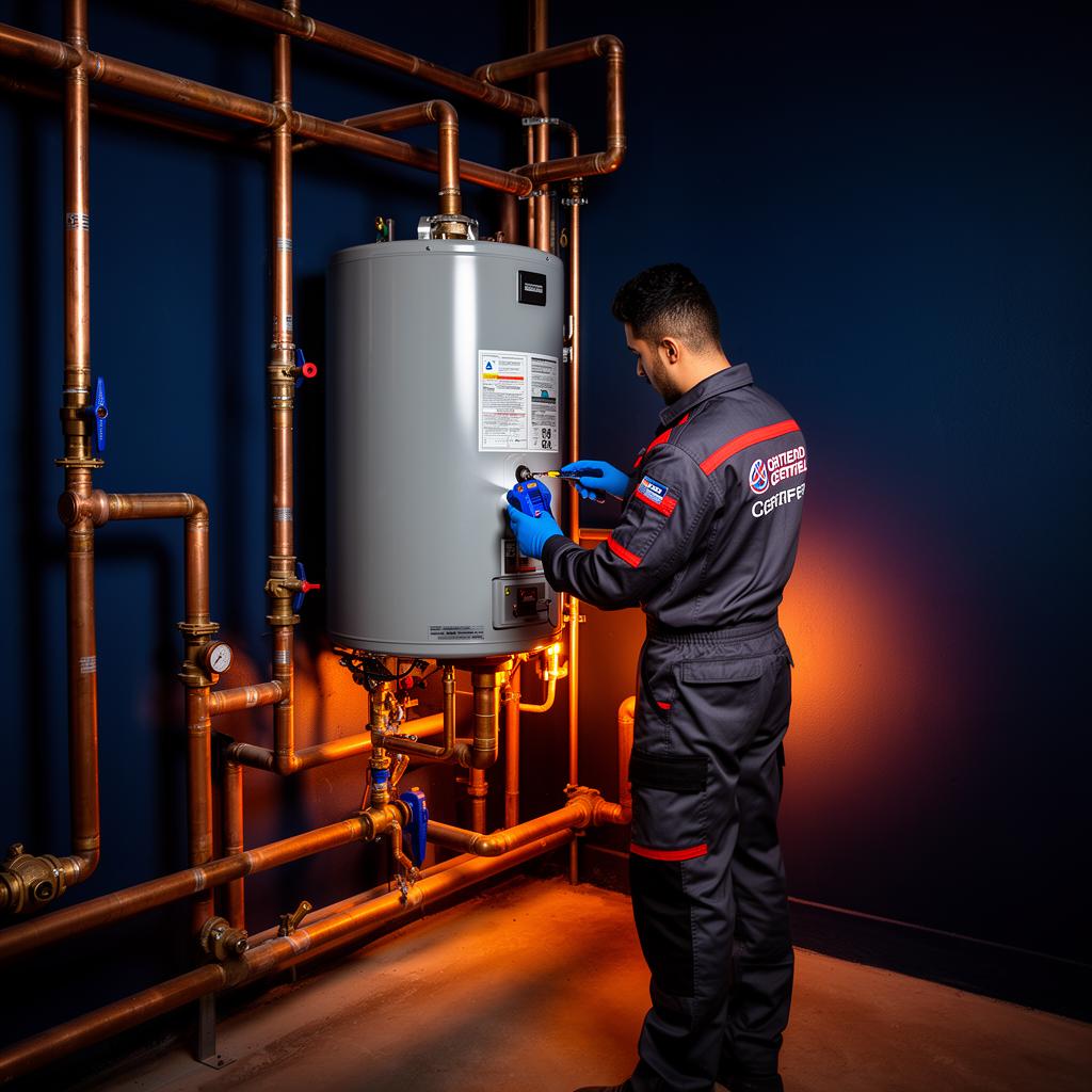 SME engineer installing a commercial water heater in Dubai